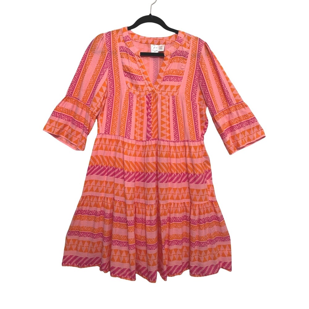 Goa Beachwear Dress by Japna Pink Orange Tribal Print Tiered Mini Sz S Summer
